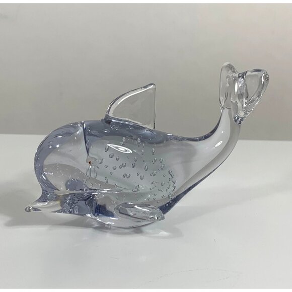 Handcrafted Clear Crystal Dolphin Figurine Controlled Bubble Design Paperweight - Picture 1 of 8